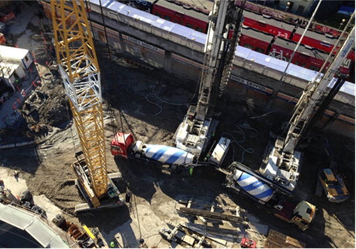 3 Photograph of bored piles being constructed in a confined and congested work site (photo courtesy of Soilmec S.p.A.)