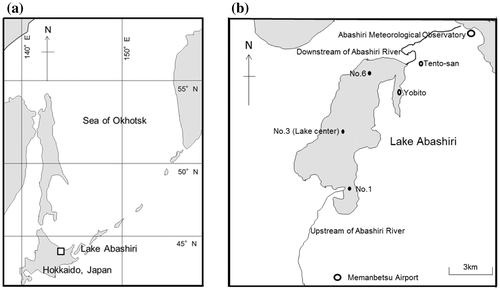 Fig. 1. Location map showing Lake Abashiri on (a) a wide scale and (b) a regional scale, showing three observation sites on the lake, two Japan Meteorological Agency (JMA) operational sites: Abashiri Meteorological Observatory and Memanbetsu Airport, the photograph spot at the top of Tento-san mountain and the near shore site for the past ice thickness record (Yobito). Modified from Ohata et al. (Citation2016)