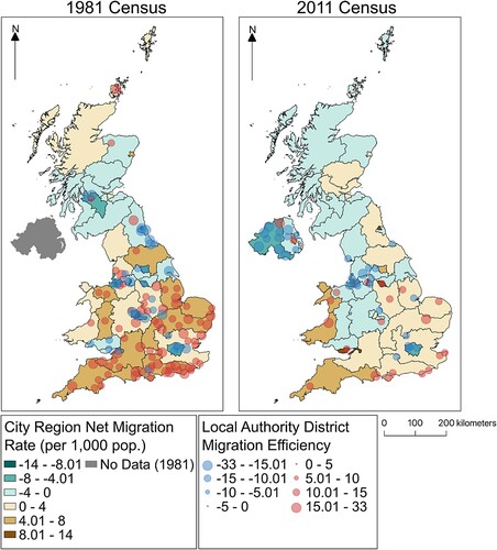 Figure 4. Identifying the most efficient local authority districts within the city region context, 1981 and 2011.