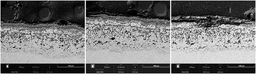 Figure 9. BSE images of alloy CMSX-4 covered with sodium sulphate salt deposits exposed to air + 300 vppm SOx gaseous atmosphere gas for 240 h.