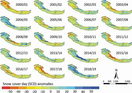 Figure 7. Spatial patterns of annual snow cover day (SCD) anomalies during 2000–2019 over the Karakoram and Himalaya (KH) region were obtained by subtracting long-term annual SCD mean from individual hydrological year SCD