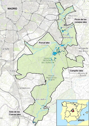 Figure 1. Study area, including gravel pit ponds (bright blue) and the boundary of the PRSE (black).