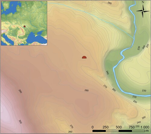 Figure 1. Location of the site in Husiatyn, western Ukraine (red star), and Digital Elevation Model of the barrow surroundings (barrow indicated by the red half circle) (drawing: J. Niebieszczański).