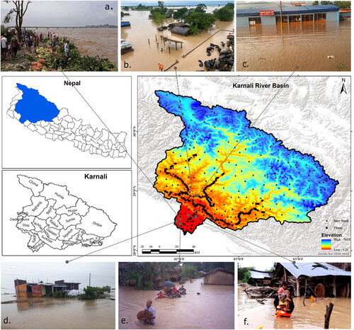 Figure 1. Location of the Karnali River Basin showing sample points used for training of the models and photographs of flooded areas, (a) Rajapur (b) Bardiya (c) Surkhet (d) Joshipur (e) Bhajani (f) Tikapur (Sources: a. www.myrepublica.com, b. www.wionews.com, c. www.khabarhub.com, d. www.spotlightnepal.com, e. www.ekantipur.com, and f. www.onlineradionepal.com).