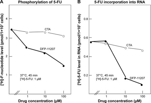 Figure 3 Inhibitory effects of DFP-11207 and citrazinic acid on intracellular phosphorylation of 5-FU and its subsequent incorporation into RNA in human colorectal tumor cells.