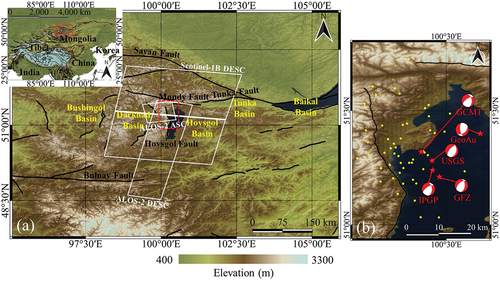 Figure 1. (a) A topographic map of the Baikal Rift Zone. Black lines indicate the traces of active faults reported by the Global Earthquake Model (GEM) Global Active Fault, and white rectangles represent the imaging coverages of the Sentinel-1 and ALOS-2 InSAR pairs. (b) Enlarged topographic map around the epicenter of the January 2021 earthquake (red dotted box in (a)). The dark blue color represents Lake Hovsgol, the red stars represent the epicenter of the Mw 6.7 Hovsgol earthquake reported by different seismological agencies (Global Centroid Moment Tensor, GCMT; United States Geological Survey, USGS; Geoscience Australia, GeoAu; German Research Centre for Geosciences, GFZ; and Institut de physique du Globe de Paris, IPGP), and the yellow dots indicate the aftershock epicenters reported by USGS.