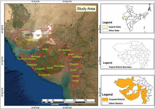 Figure 1. Location map of coastal districts in Gujarat state.