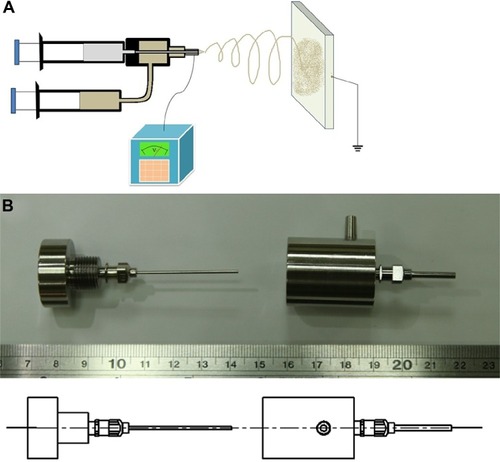 Figure 1 Fabrication process of sheath-core-structured nanofibers.Notes: (A) Schematic of the experimental setup. (B) Photo of the device used to produce the sheath-core-structured nanofibers.