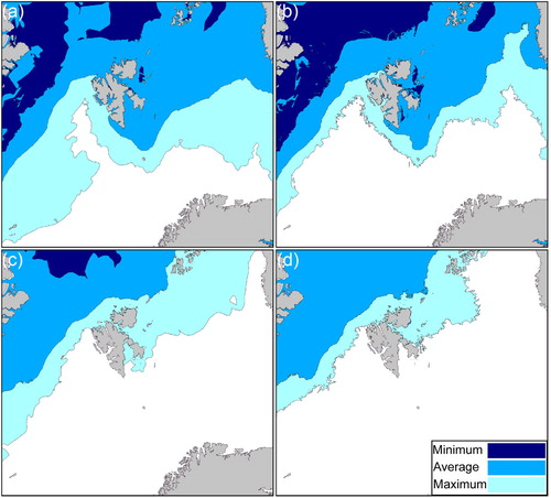 Fig. 8  The minimum, average and maximum ice extents are shown for (a, b) April and (c, d) September for (a, c) 1981–2010 and (b, d) 2006–2015 at 40% ice concentration.