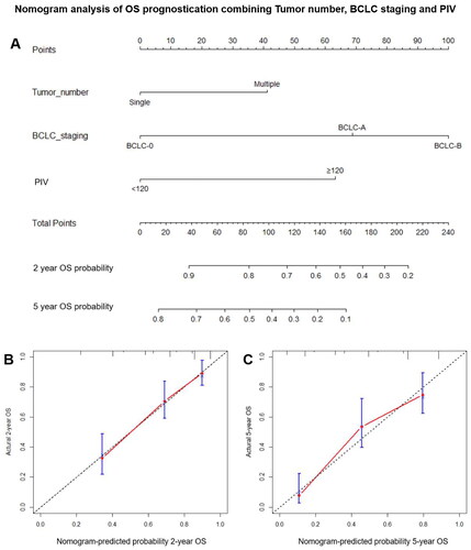 Figure 3. The PIV-based nomogram (A) and calibration curves for predicting the 2-year (B) and 5-year (C) OS in external validating cohort C after propensity score matching. PIV: pan-immune-inflammation value; OS: overall survival; BCLC: Barcelona clinic liver cancer.