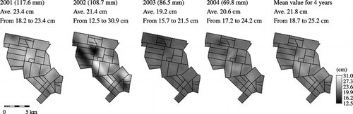 Figure 4  The distribution map of soil water content (0-90 cm) made by simple kriging with varying local mean method, the parenthetic values indicate the total precipitation (mm) during November to March.