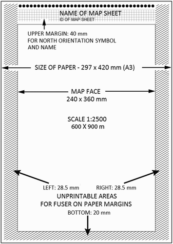 Figure 2. The scheme of the map sheet, size of paper and map face.