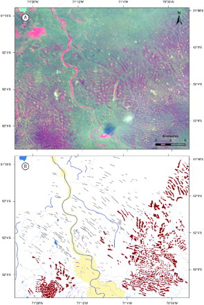 Figure 9. (A) Landsat ETM+ image (bands 4, 3, 1) and (B) mapped equivalent showing the intersection between lineations (black lines) and irregular dissected ridges (brown polygons) between the Skyring (to the south) and Río Gallegos (to the north and west) lobes. Also shown are moraine ridges as purple lines, meltwater channels as blue lines and outwash as yellow polygons. Location shown in Figure 3.