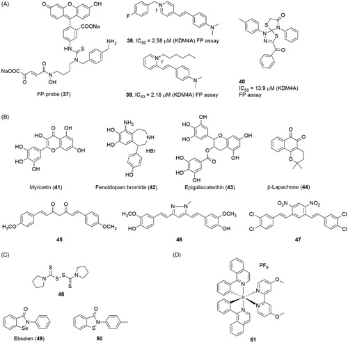 Figure 10. Structures of (A) FP-probe and screen inhibitors; (B), natural product inhibitors; (C) Zinc ion ejection inhibitors; and (D) metal-containing inhibitor.