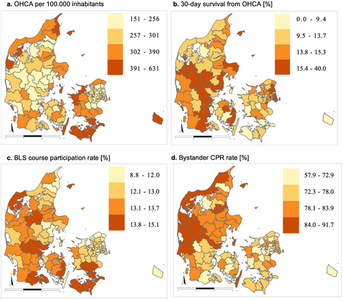 Figure 2 Incidence proportion of number OHCAs per 100,000 inhabitants, 30-day survival BLS course participation rates and bystander rates at OHCA in Denmark at municipal level from January 1 2016 to December 31 2019.