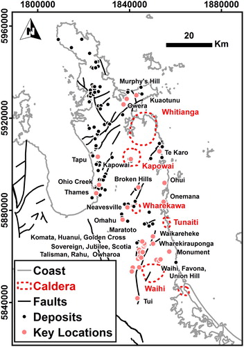 Figure 2. Map of the Hauraki Goldfield showing the extent of the gold and silver mines, mine workings, deposits, and prospects (after Figure 2, Christie et al. Citation2006). The faults are simplified from Edbrooke et al. (Citation2014). The volcanic centres identified as calderas are from Christie et al. (Citation2006). Deposits and prospects discussed in the text are labelled and identified as key locations with a pink symbol.