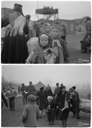 Figure 5. (Top) Sámi evacuees in Rovaniemi, original caption: ‘Washable Inari Lapps [sic]’ (SA-kuva 163077/Rovaniemi/17.09.1944); (Bottom) Swedish soldiers helping Lapland’s refugees across the border in Haparanda, Sweden (SA-kuva 163113/Haaparanta/19.09.1944).