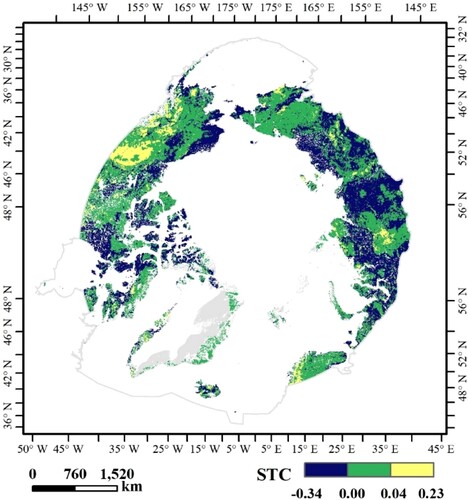 Figure 9. Spatial distribution of STC variables between the thawing and freezing periods in the Arctic permafrost in 2020.