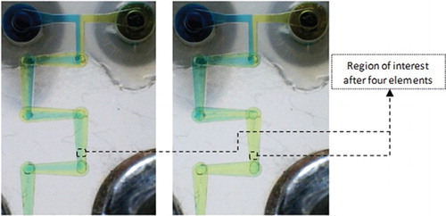 Figure 5 Chain micromixer after filling with fluids at Re=1 (left) and Re=10 (right).
