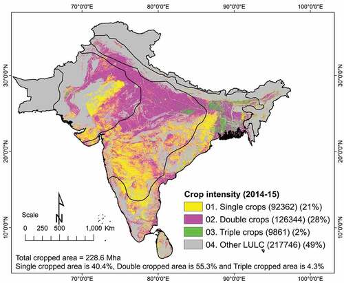 Figure 16. Cropping intensity map of South Asia (2014–15) produced by using MODIS 250 m NDVI time-series data.