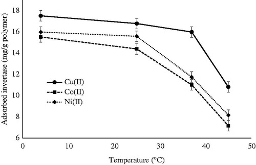 Figure 5. Effect of the temperature on invertase adsorption. pH 5.0; invertase concentration: 1.5 mg/mL.