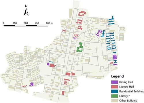 Figure 4. Building footprints of the campus in the study area. *The library is considered a lecture hall in the model simulation; other buildings (e.g. administrative buildings) are excluded from the simulation.