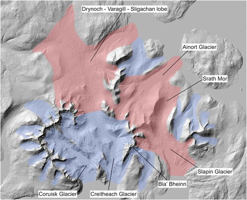 Figure 9. Loch Lomond Readvance glaciers in the Cuillin Hills, Skye, showing proposed surge-type glaciers (pink) and non-surge-type glaciers (blue). Base map: © Crown copyright and database rights 2021 Ordnance Survey (100025252).