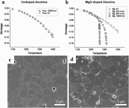 Figure 13. Effect of applied electric field (0–1000 V cm−1) on the shrinkage for (a) pure Al2O3 and (b) MgO (0.25 wt-% MgO) doped Al2O3. The resulting SEM micrographs for MgO-doped Al2O3 obtained using (c) FS (1000 V cm−1, DC) TF = 1260°C) and (d) conventional sintering (1550°C for 1 h), the resulting grain sizes were 0.8 and 1.5 µm. In both cases the furnace heating rate was 10°C min−1. Adapted from Cologna et al. [Citation33].