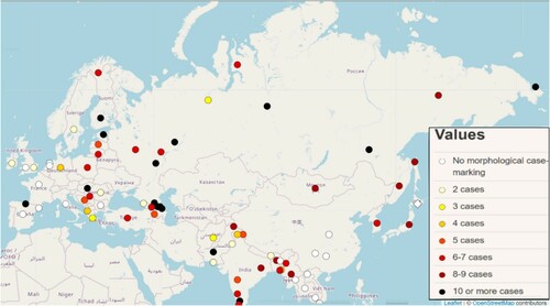 Figure 3. Number of cases in languages of Eurasia (Iggesen Citation2013).