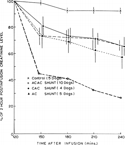 Figure 65. Rate of change of plasma creatinine levels in nephrectomized dogs treated with hemoperfusion (blood flow 120 ml/min) through free AC activated charcoal, CAC artificial cells, and ACAC artificial cells; 300 gm in each shunt. Lower curve (○) represents rate of change of plasma creatinine with higher blood flow (300 ml/min) through 300 gm of ACAC artificial cells. (From Chang and Malave, 1970. Courtesy of American Society for Artificial Internal Organs.)