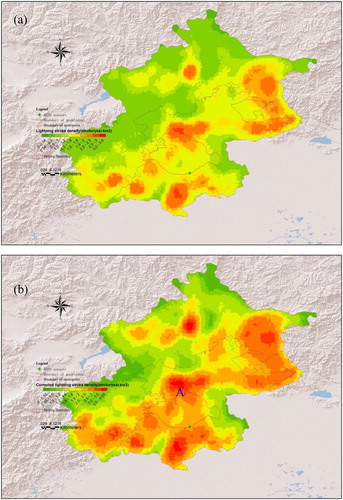 Figure 5. Distributions of the ADTD-derived (a) non-corrected CG lightning stroke density and (b) CG lighting stroke density corrected for the DE.