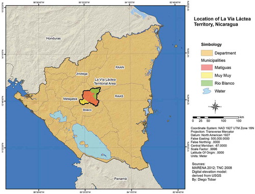 Figure 1. Location map of La Vía Láctea territory, Matagalpa, Nicaragua.