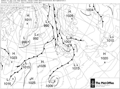 Fig. 1 Meteorological situation at 00 UTC, 16 September 2000 from Bracknell UK MetOffice Analysis for surface pressure including fronts. This analysis was kindly provided by UK Met Office under open Government Licence (see also http://www.nationalarchives.gov.uk/doc/open-government-licence/).