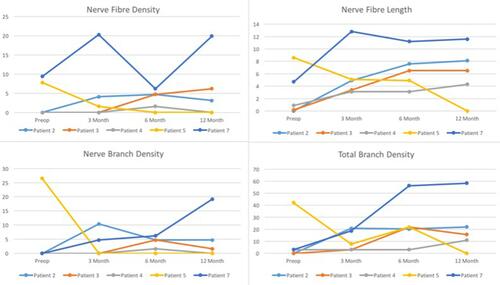 Figure 3 Nerve parameters (nerve fiber density, nerve fiber length, nerve branch density and total branch density) in patients 2, 3, 4, 5 and 7 improving from preoperative to early (3 month), intermediate (6 months) and late (12 months) postoperative follow-up.