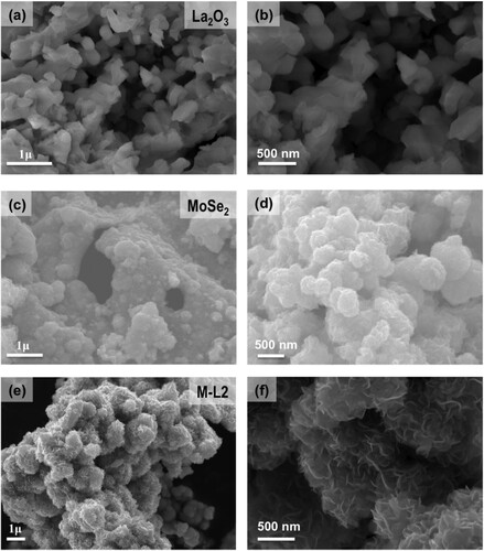 Figure 3. FESEM images of produced products at different magnifications: (a, b) pristine La2O3, (c, d) Pure MoSe2, and (e, f) M-L2 nanohybrid.