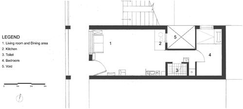 Figure 10. Original floor plan of Mr. Bao’s flat before the changes: 1. Living/Dining room 2. Kitchen 3. Toilet/shower 4. Bedroom 5. Void (Produced by the authors, 2018).