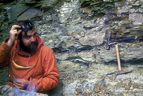 Figure 2. John Richardson (this time with beard) collecting samples at the Cooksonia locality at Perton Lane in the Welsh Borderland in 1977 (photograph courtesy of David and Derek Siveter).