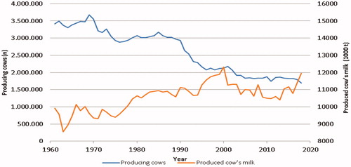 Figure 2. Graphical comparison between the official number of producing cows and the national raw cow milk production in Italy from 1961 to 2018 (data source: FAOSTAT Citation2020).