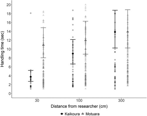 Figure 3. Fitted mean handling time (±SE) for South Island robins to remove five mealworms, from first to last mealworm at three distances (30, 100, 300 cm) from researcher at Kaikoura (mainland, black dots) and on Motuara Island (grey triangles). Fitted means were back transformed from a log scale to exponential for the purpose of this figure. Raw values are also given, with darker shades indicating more overlapping values.