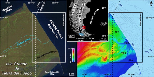 Figure 1. Location of the mapped area over a Landsat-8 true color satellite image (left) and an ALOS-PALSAR DEM HSV shaded map (right). Topographic domains (TDs) and main geographical features are indicated.