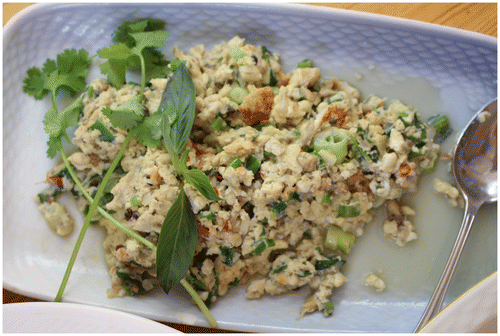 Figure 6. Kai Jiew Mod Dang: Chicken eggs scrambled with garlic, chilli, shallots, scallions, fish sauce, and weaver ant eggs, here also made with (less traditional) honey bee larvae, made by Ranee Udtumthisarn in Copenhagen.