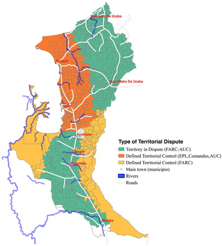 Figure 1. Spatial distribution of territorial disputes in Urabá. Notes. This map shows the spatial distribution of territorial disputes in Urabá during the last 50 years. The distribution was created based on qualitative interviews. The yellow color stands for territories historically controlled by the FARC; the green stands for those territories under dispute between the paramilitaries (AUC) and guerrillas (FARC); and the orange stands for those territories with defined control by either EPL (1970–1992) or AUC later on. Source: authors’ calculation based on qualitative fieldwork.