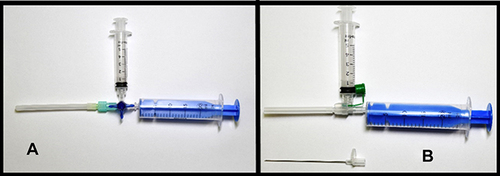Figure 1 (A) double syringe system type A using the three way stopcock Discofix-3, with a 5 mL syringe for treatment solution and a 20 mL syringe for aspiration; (B) double syringe system type B using a standard i.v. catheter with aspiration syringe connected after placing the needle in place and removal of the guide needle.