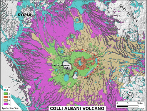 Figure 1. Schematic Geological map of the Colli Albani volcano derived from the 1:50,000 scale geodatabase of the Italian official Geological Map (ISPRA; Giordano, Benedetti, et al. 2010). Legend: (0) topographic caldera rim; (1a) Holocene alluvial and coastal deposits; (1b) undefined sedimentary rocks; (2) via dei Laghi maar complex (ca. 200 ka–Holocene); (3) Faete intracaldera stratovolcano (< 355 ka–250 ka); 4) Tuscolano-Artemisio post-caldera fissural system (<355 ka–180 ka); (5) Vulcano Laziale caldera and ignimbrite plateau (>600 ka–355 ka). Note that grey lines internal to coloured fields indicate boundaries between individual rock formations.