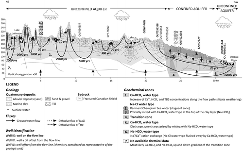 Figure 10. Final revised conceptual model, showing flow directions and total residence times from recharge to discharge zones along selected conceptual flow lines.