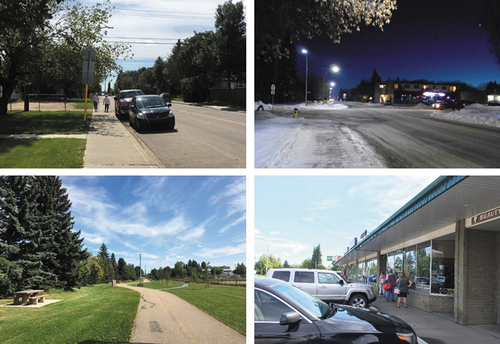 Figure 4. Neighborhood sidewalks in summer during COVID-19 (top-left) and winter before COVID-19 (top-right); Green trails during COVID-19 (bottom-left); Local amenities during COVID-19 (bottom-right).