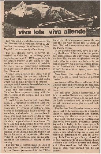 Figure 1. Fag Rag/Gay Sunshine, summer 1974, ‘Viva Lola Viva Allende’, translation of ‘Masacran homosexuales en Chile’ – Courtesy of IHLIA (Amsterdam). Reproduced with permission of Michael Bronski.