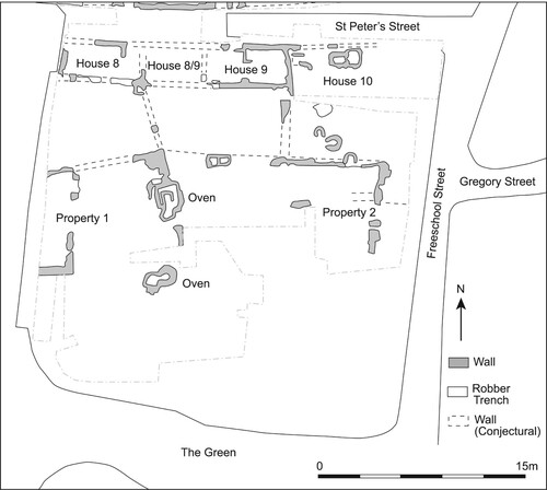 Figure 3. Plan showing the location of drying kilns at The Green, Northampton, late thirteenth to late fifteenth century. Source: Redrawn by Kirsty Harding after M. Shaw, ‘Excavations at The Green, Northampton 1983: The Anglo-Saxon and Medieval Phases’, Northamptonshire Archaeology 41 (2021): 257–304.