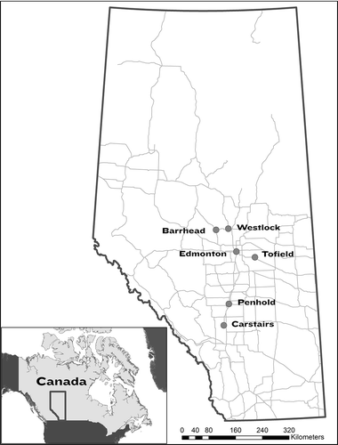 Fig. 1. Location of lupin plots where Fusarium isolates were collected in the Province of Alberta.