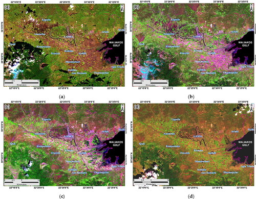 Figure 5. False Color Composites (B11-Short Wave Infrared, B8-Near Infrared and B2-Blue bands as RGB) of Sentinel-2 images acquired on: (a) 5 December 2017, winter; (b) 14 April 2018, spring; (c) 03 July 2018, summer; (d) 16 September 2018, autumn.